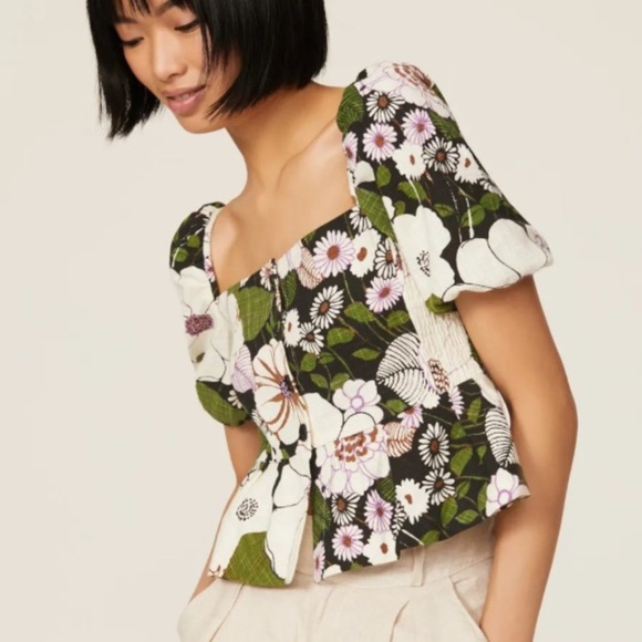 MAJE Loflower cropped organic cotton puff sleeve button down peplum top size 2/M - Picture 1 of 16